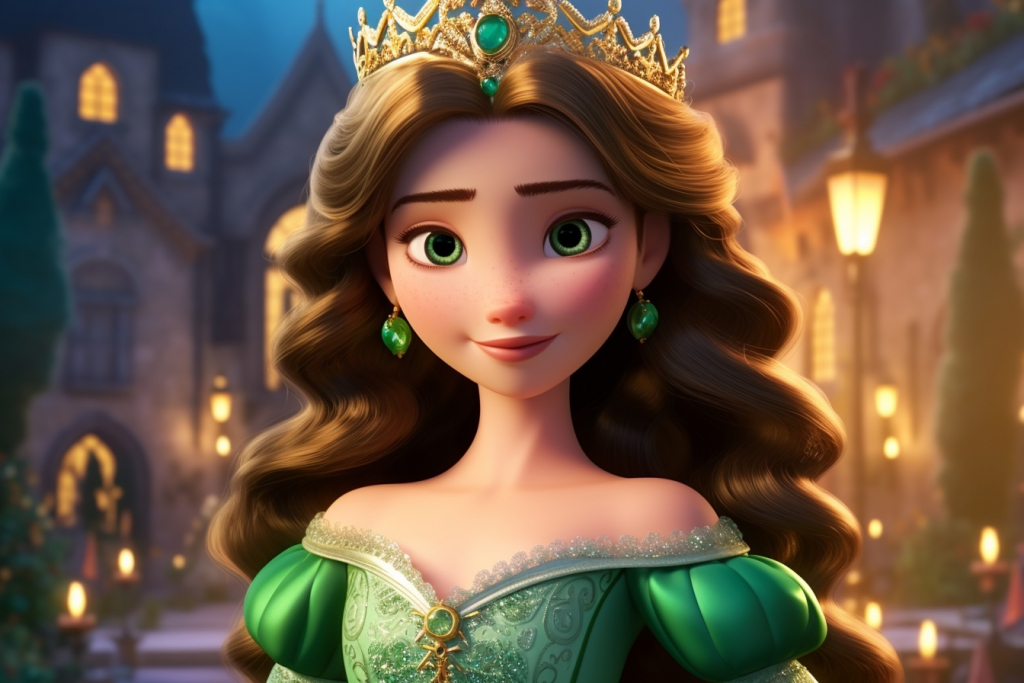 Princess with green eyes, brown hair and green dress with gold crown.