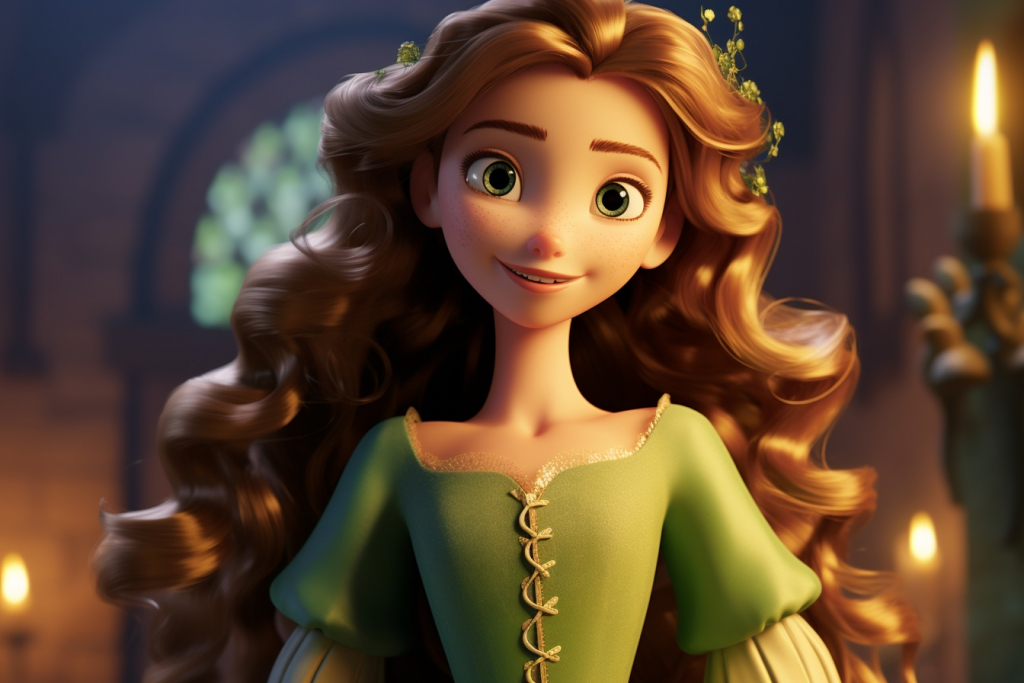 A princess with green eyes, brown hair, wearing a green simple dress.