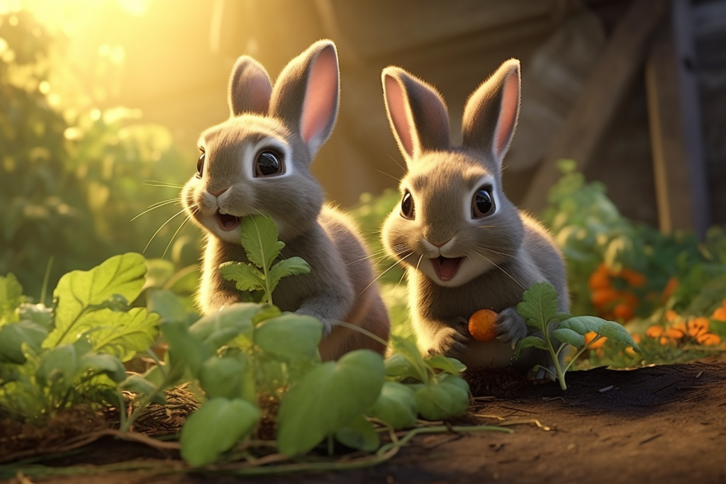 Two cute rabbits eating green stems.