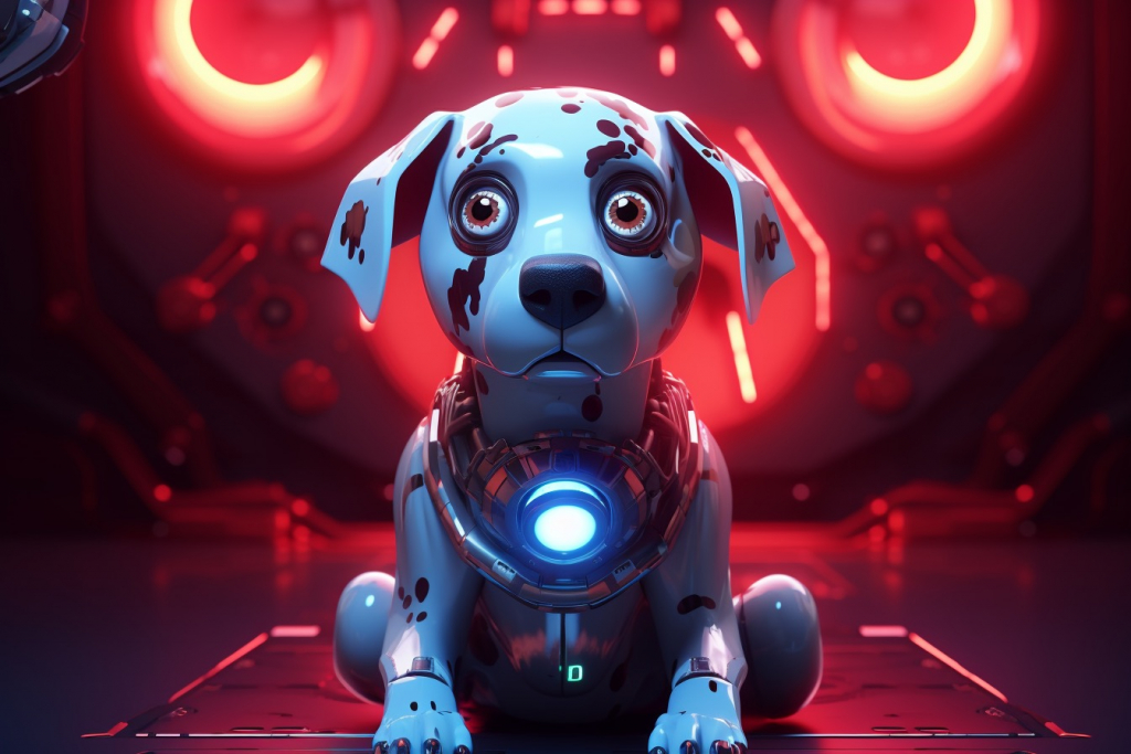 Futuristic very colorful robot dog on a red background.