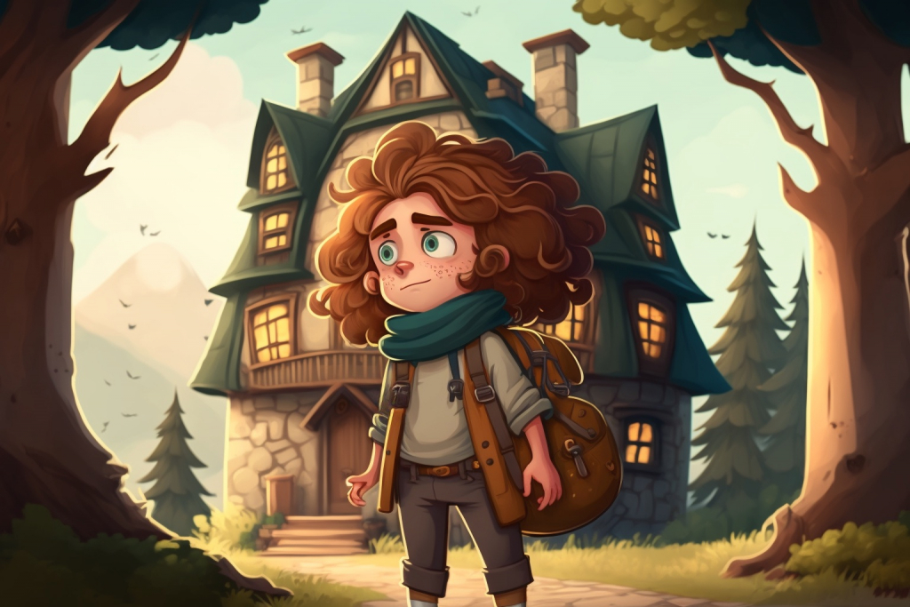 Cartoon ginger boy with long hair in front of a old house.