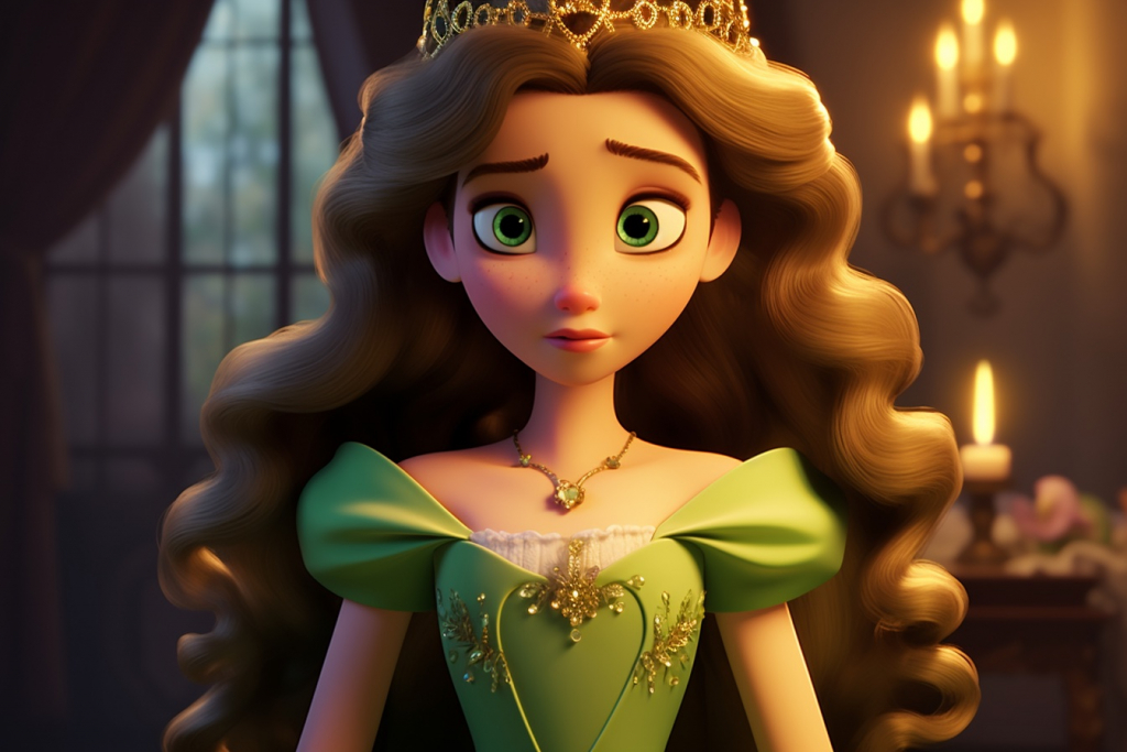 Sad princess with brown hair and gold crown with green eyes.