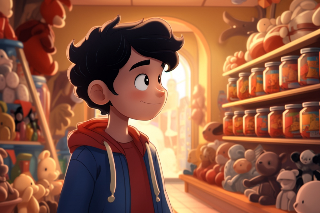 Young boy with a dark hair watching on a shelf with candy.
