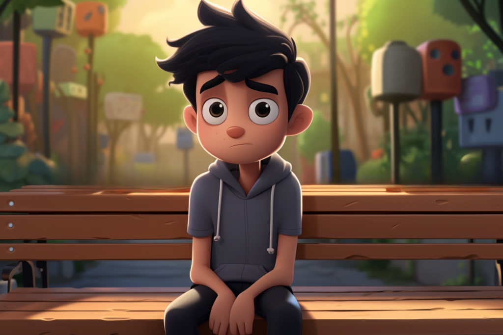 Sad young boy with dark hair sitting on a bench in a park.