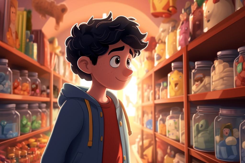 Young boy with dark hair looking at shelf with jars full of candy.
