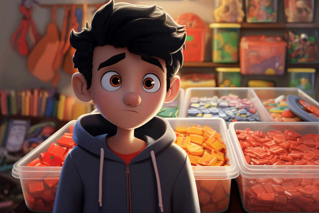 Young boy with dark hair stealing candy in a candy shop.