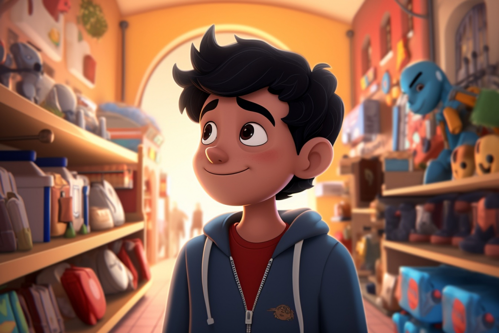 Young boy with a dark hair in a candy store.