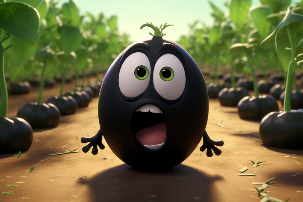 Cartoon black scared seed in the field at the farm.
