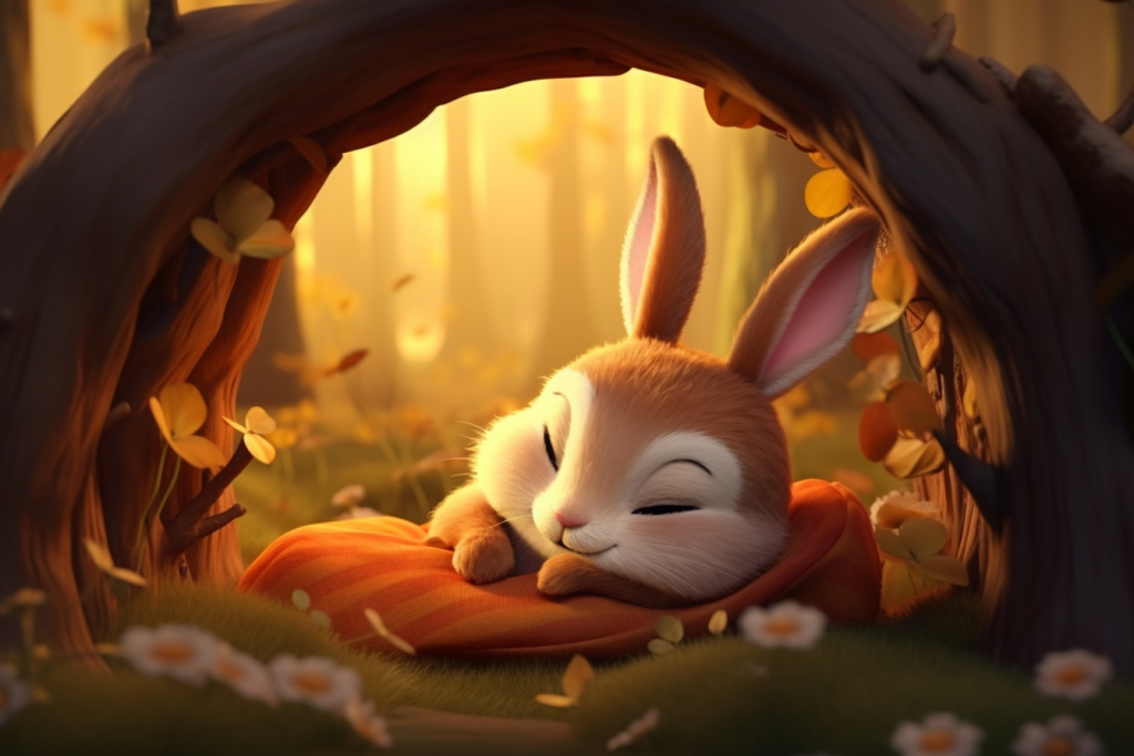 Cartoon sleeping bunny in the forest.