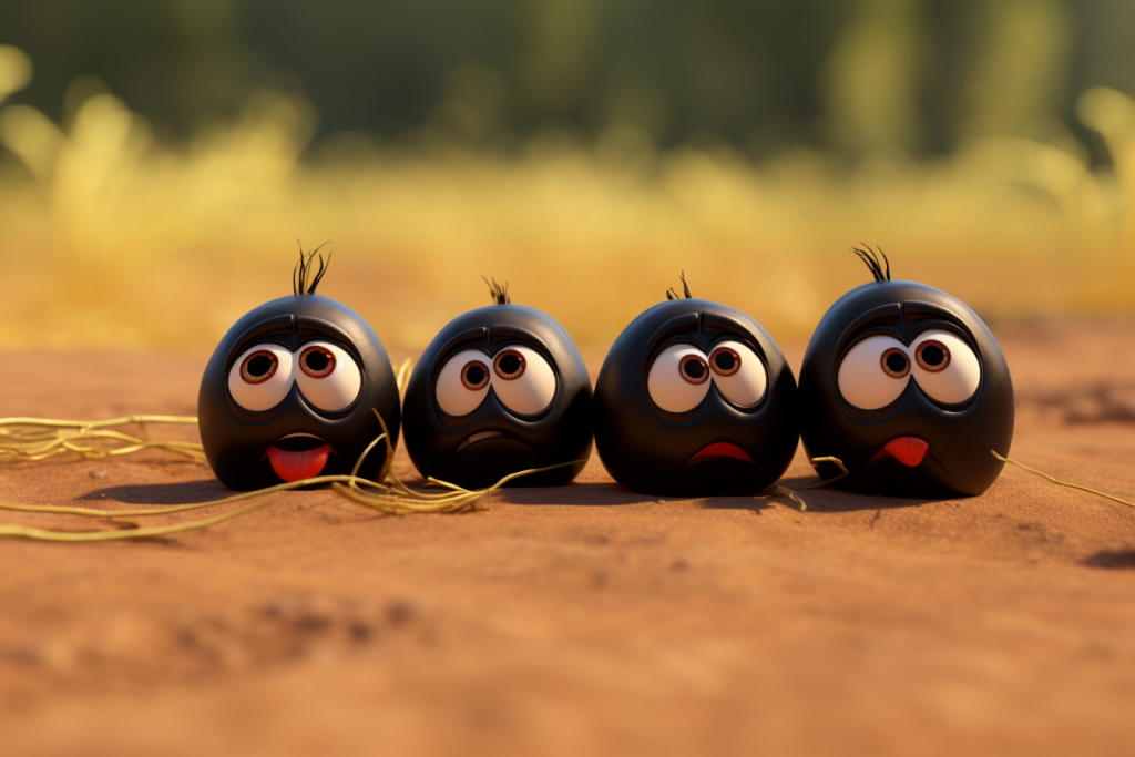 Four small black seeds sitting on the ground at a farm.