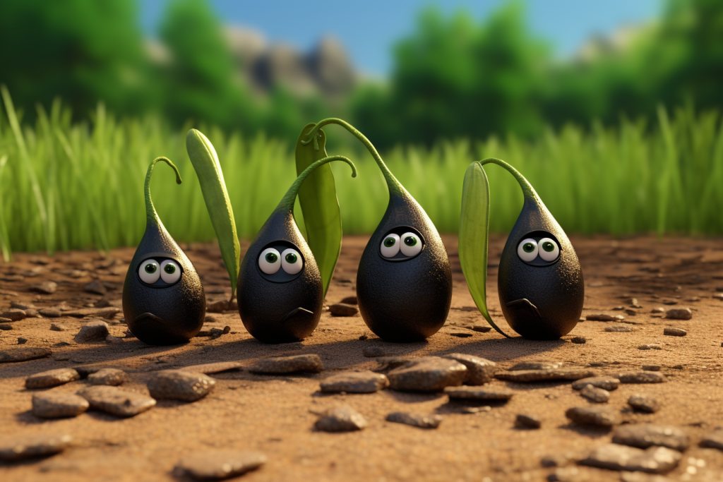 Four small black seeds standing on the ground at farm.