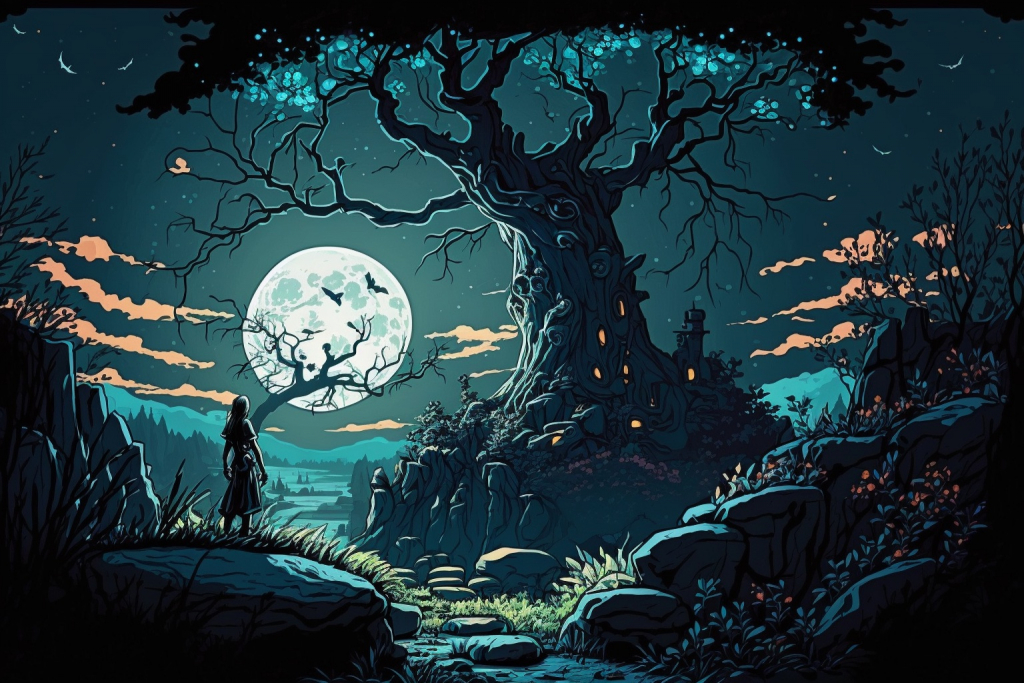 Anime creepy tree with a moon and some dark figure.