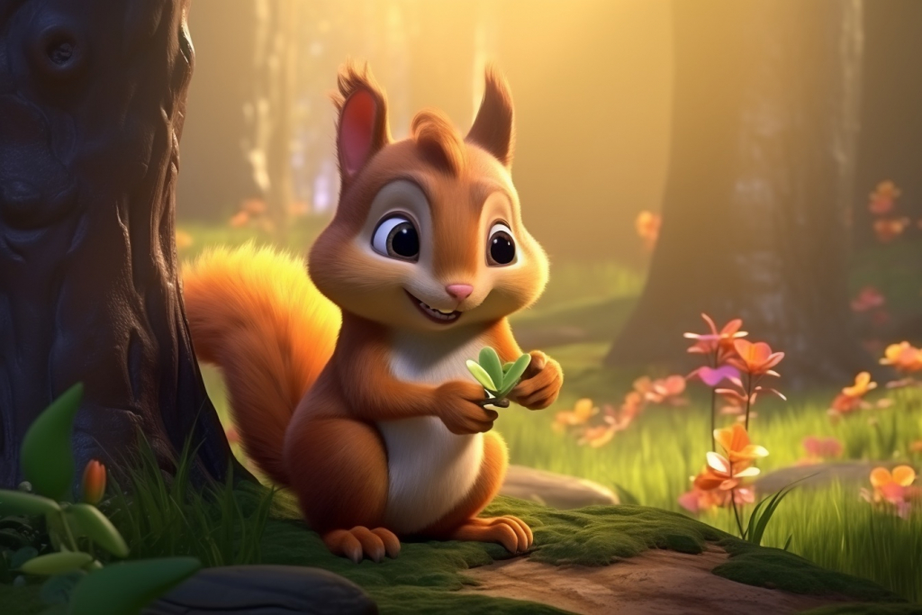 Cartoon cute squirrel planting a tree in a forest.