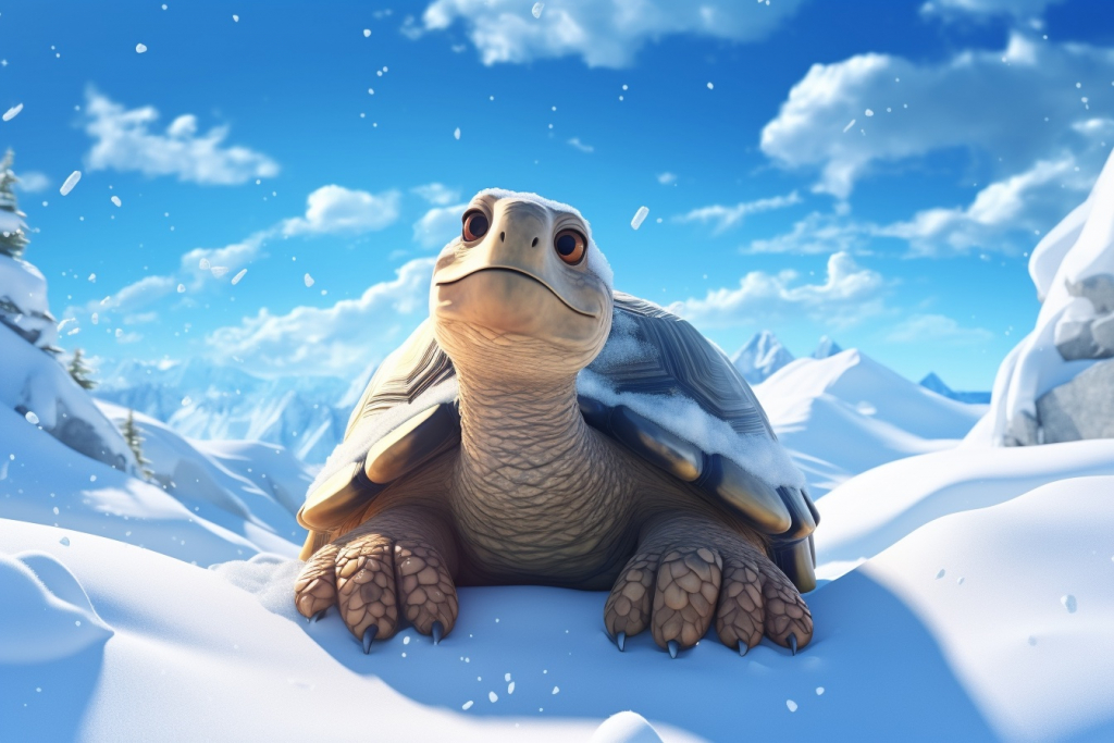 Cute cartoon tortoise on the snow hill.