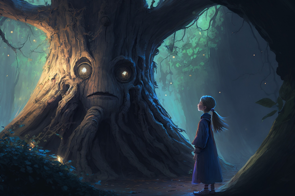 Young blond girl standing by the old majestic tree with eyes in a forest.