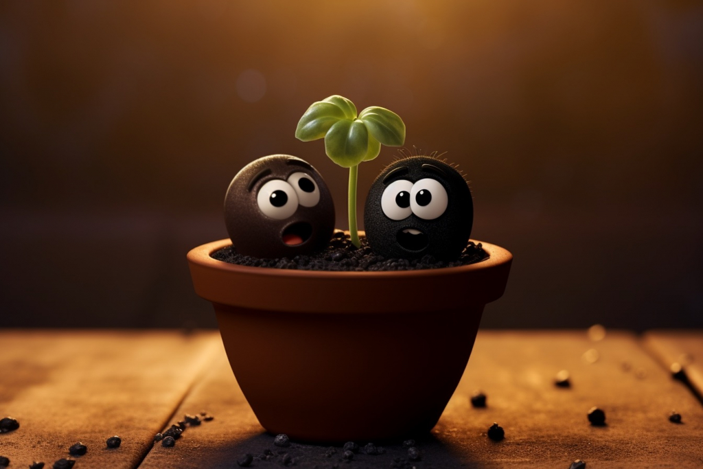 Two black small seeds inside of flower pot with small green stem.