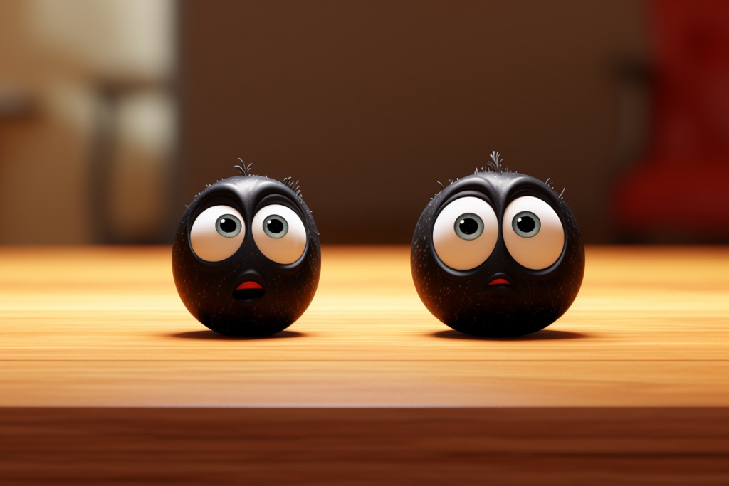 Two small scared black  watermelons on a wooden table.