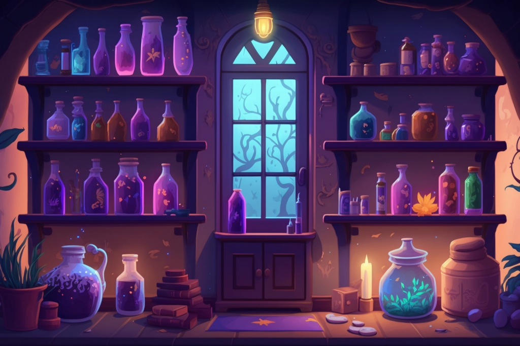 Cartoon wall full of magical potions.