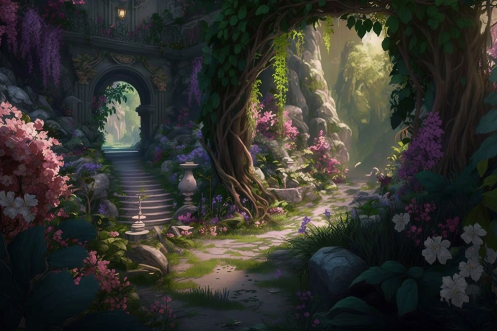 Magical grove with enchanted plants and trees.
