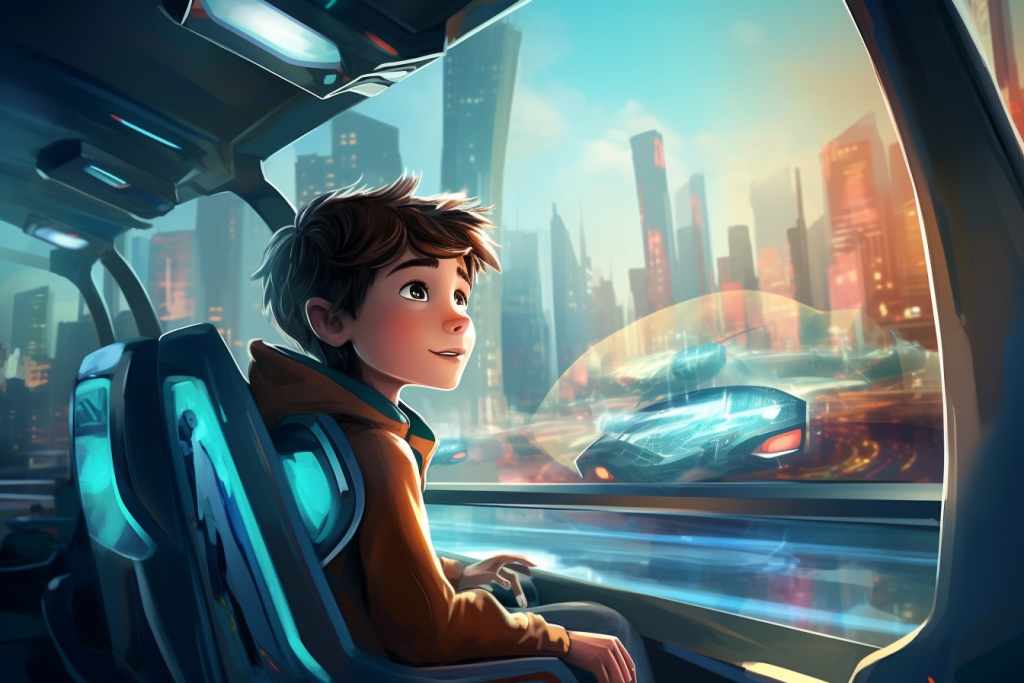 Young boy looking through a futuristic city from the futuristic bus.