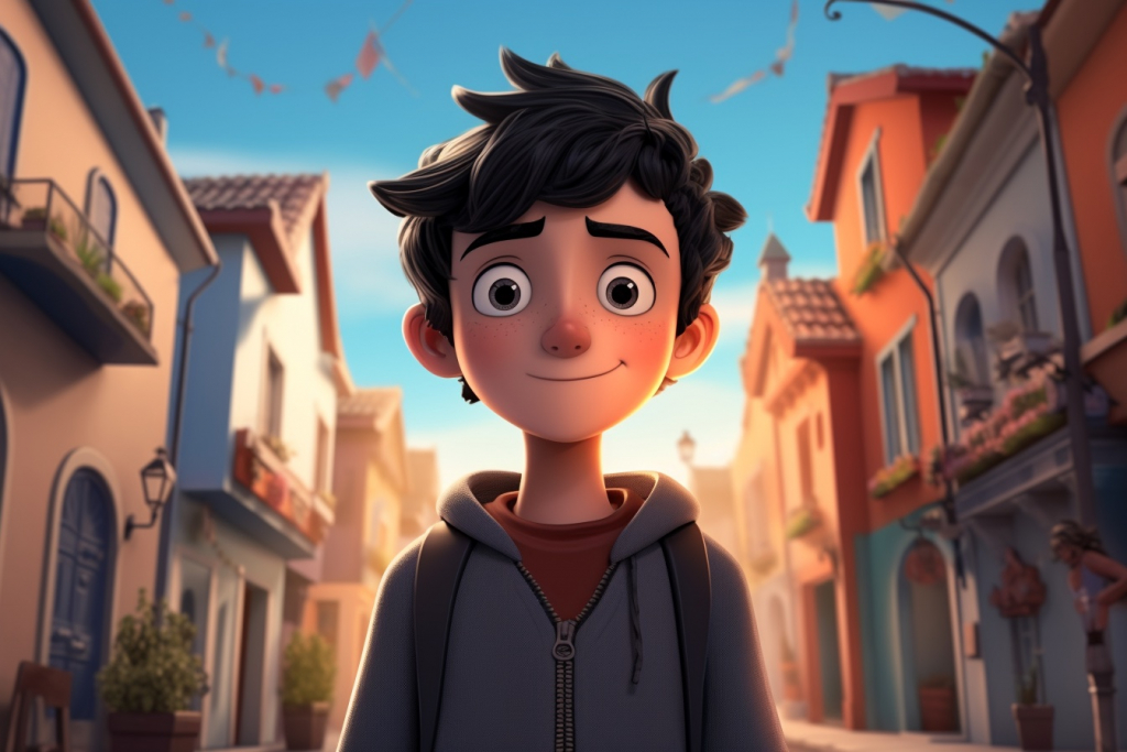 Cartoon young boy with dark hair in a village.