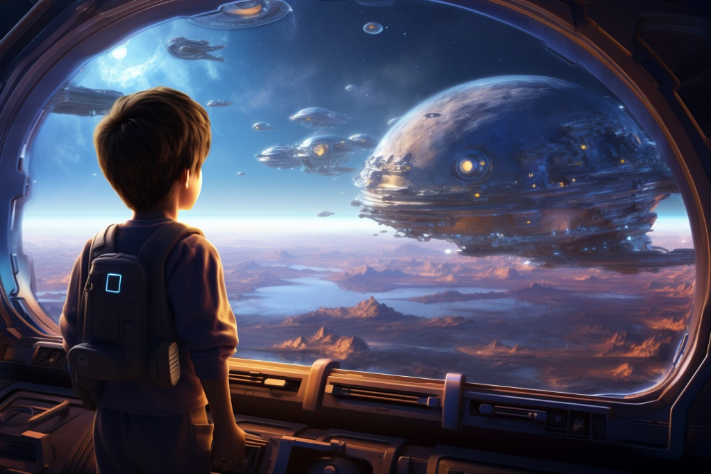 A young boy standing by the window looking on a spaceship in the universe.