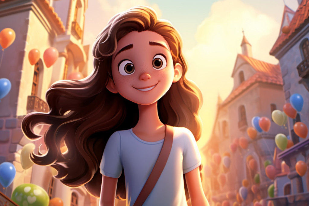Cartoon young brunette girl in a village.
