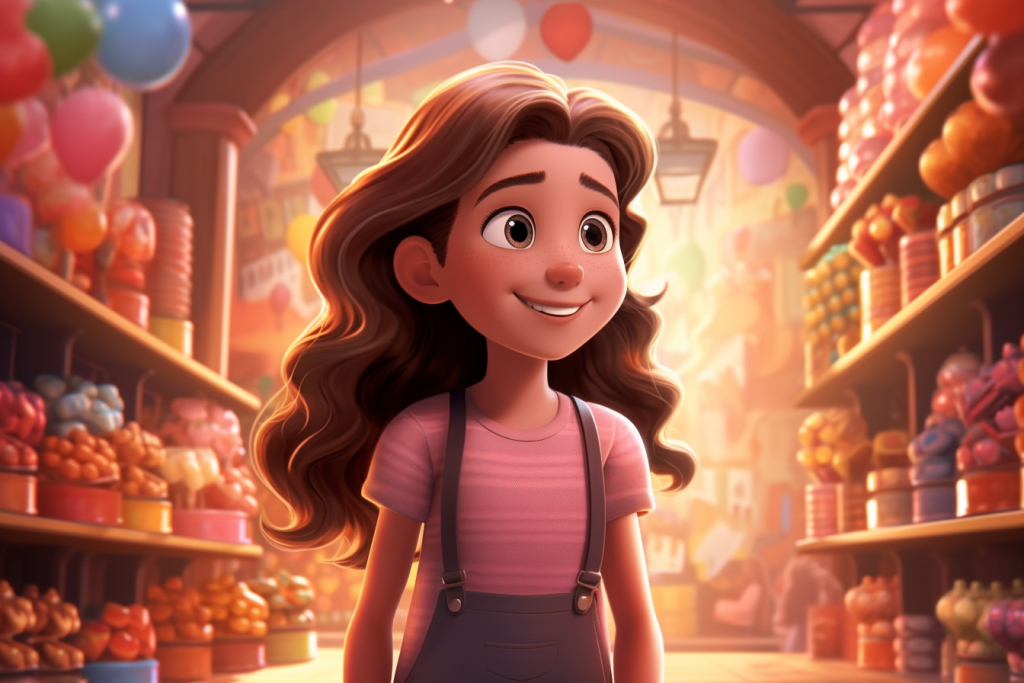 Cartoon young brunette girl in a candy store.