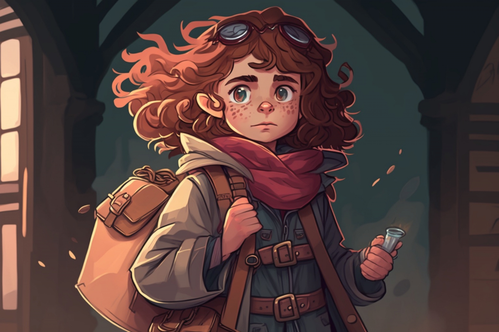Cartoon young traveler with ginger long hair with a backpack.