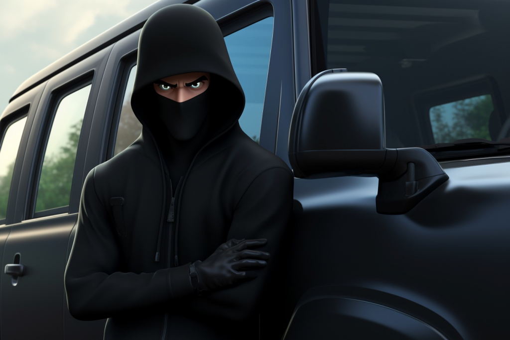 Black figure dressed in black clothing with a hood over the head in front of a black van.