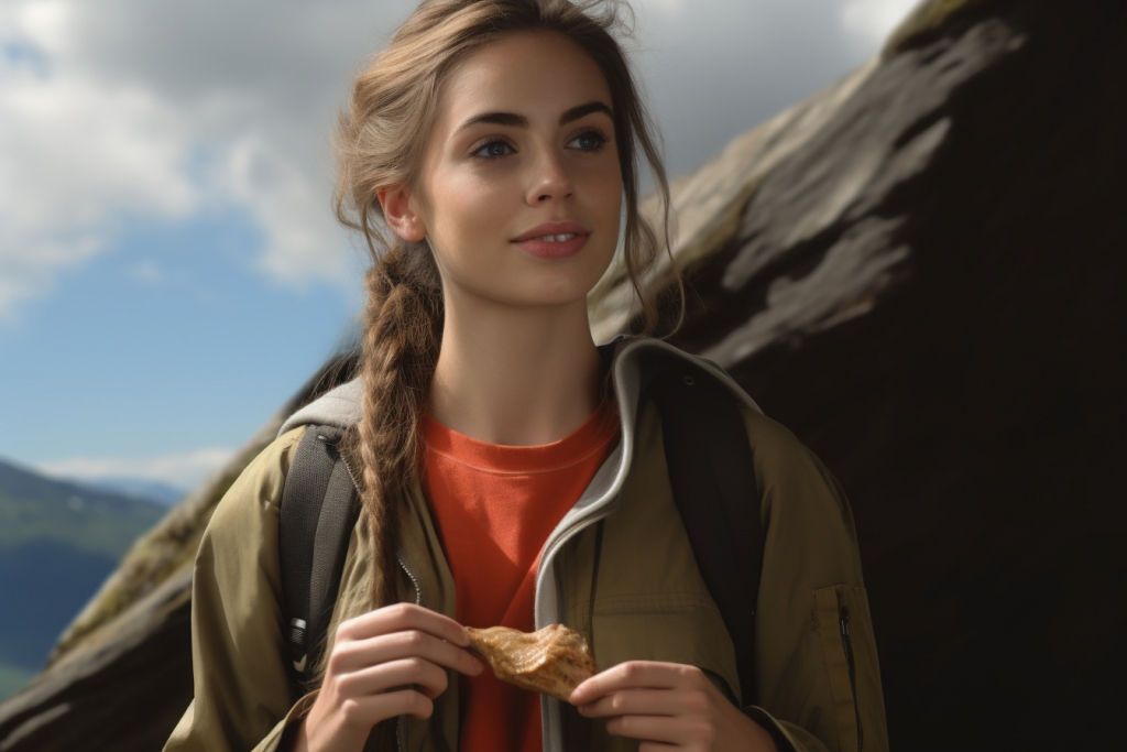 Young girl with braided hair enjoying food in the mountains with a prominent peak in the background.