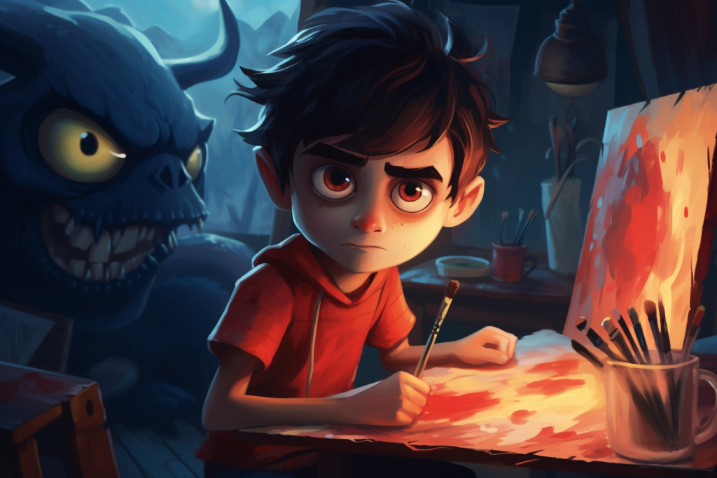 Eerie and sinister expression on a boy's face with a standing creature behind him while painting on a canvas.