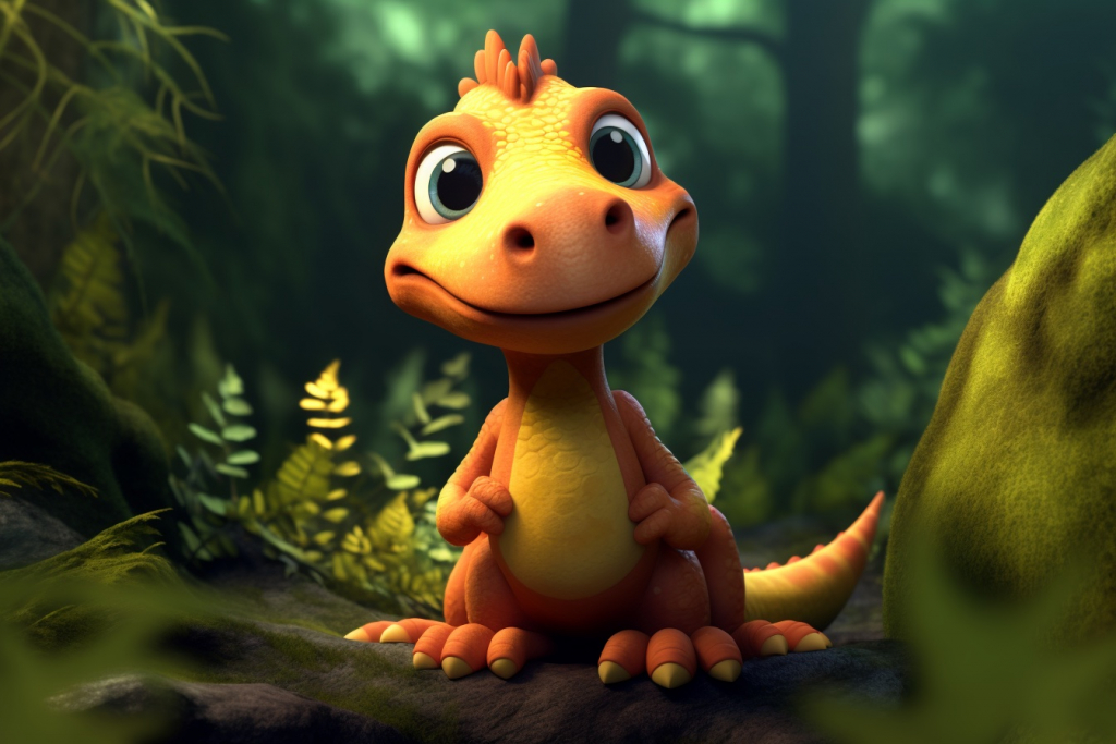 Happy cartoon orange dinosaur looking at something in the forest.