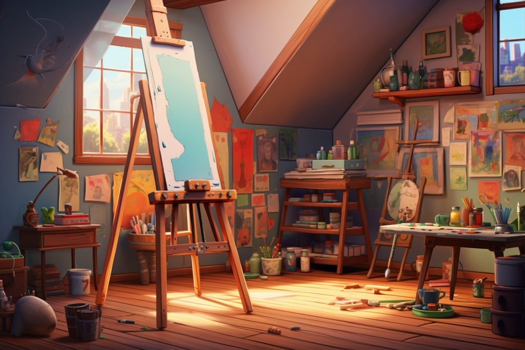 Illustrated colorful artist's studio with a canvas in the center of the room.