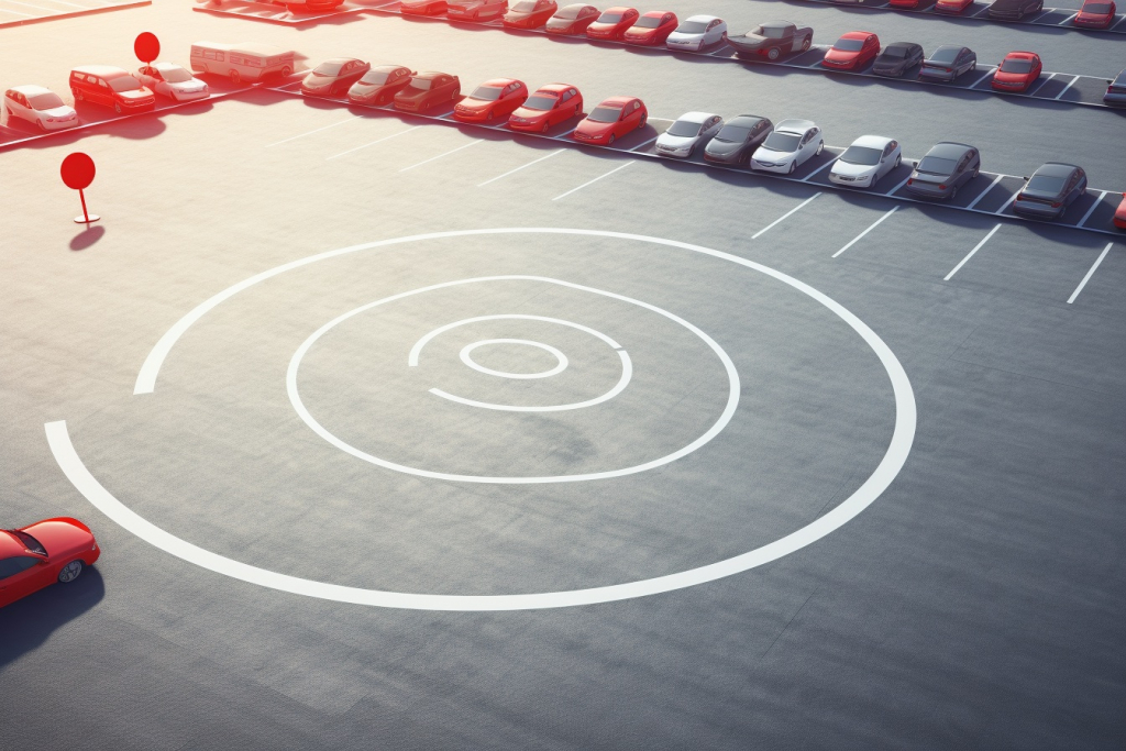 Top view of a large asphalt parking lot with a white snail symbol drawn on it.