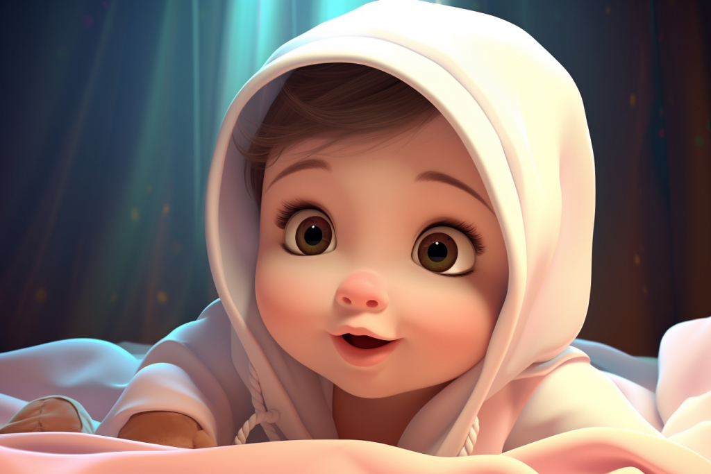 Illustrated view of a cute baby's face with beautiful large brown eyes and pink cheeks in a white hoodie.