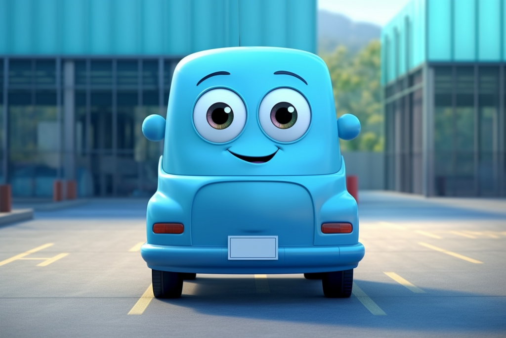 Small blue cartoon car with eyes and mouth parked in a parking lot.