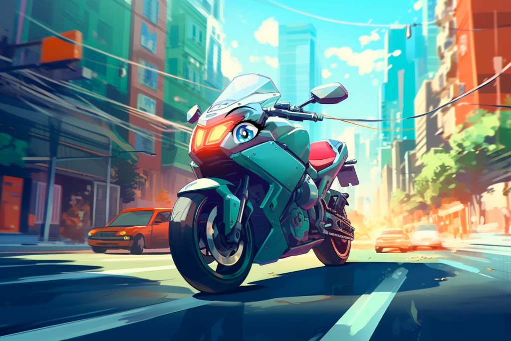 Colorful cartoon motorcycle on a street scene.
