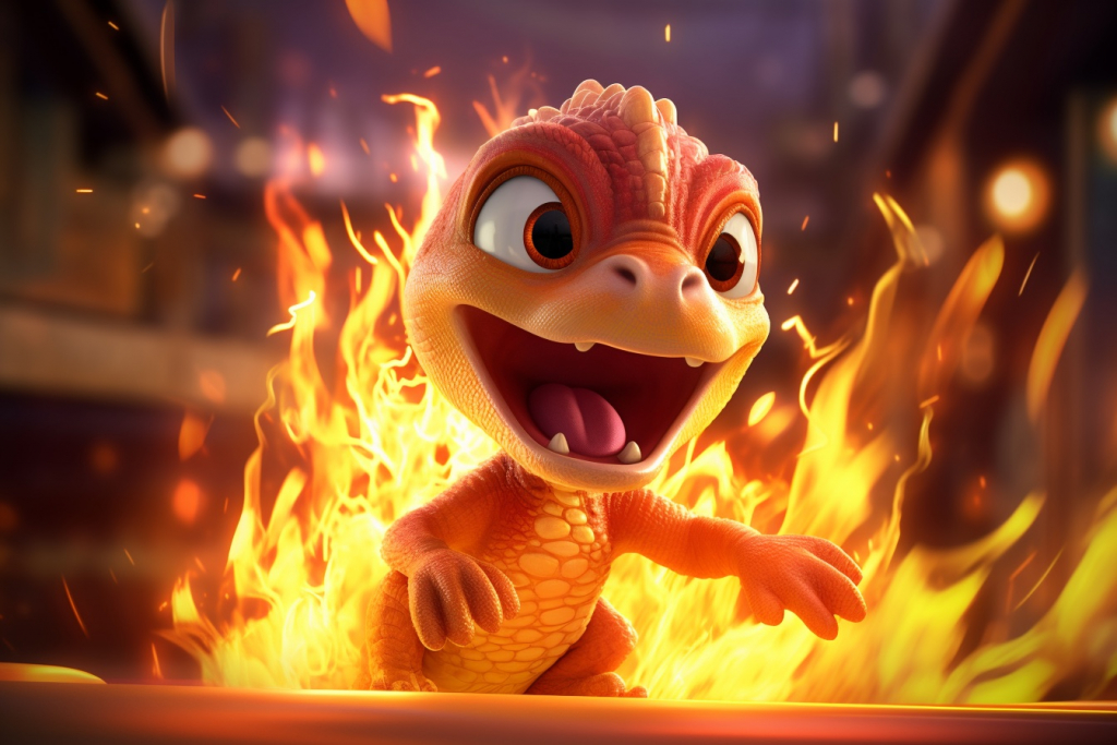Small orange dinosaur with a menacing facial expression and blazing flames trailing behind it.