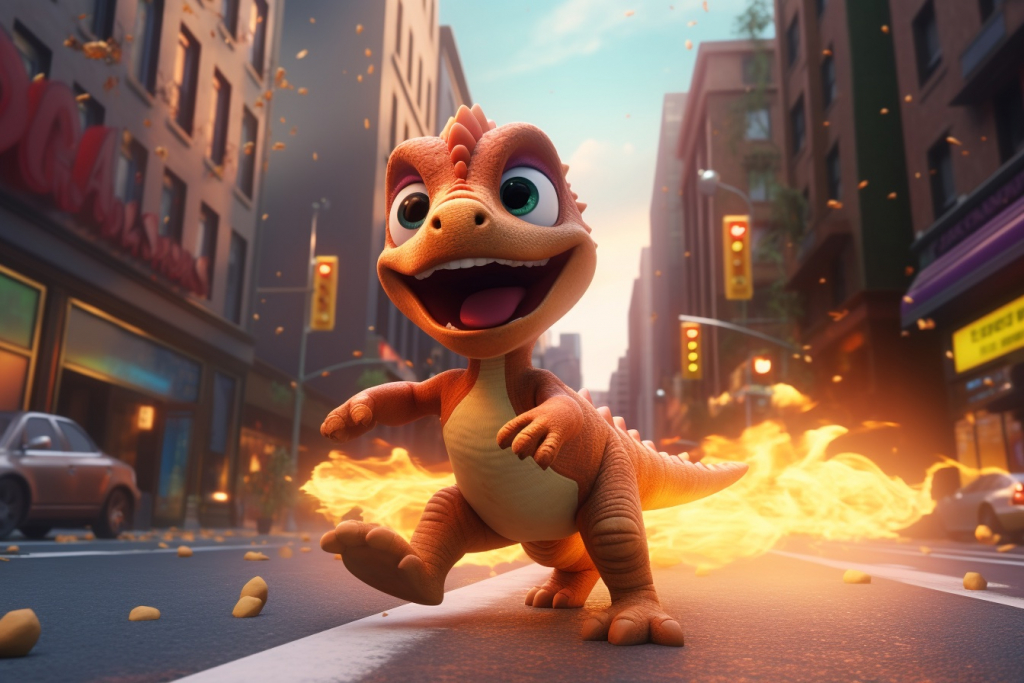 Small orange dinosaur walking on the street with large flames trailing behind its feet.