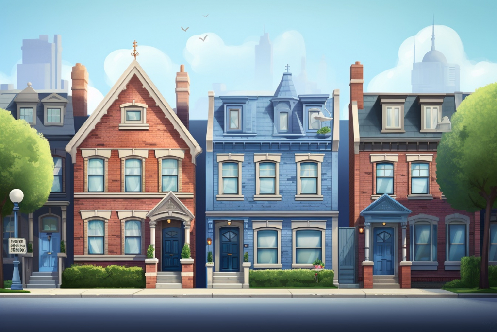 Three illustrated colorful English-style houses on a street.