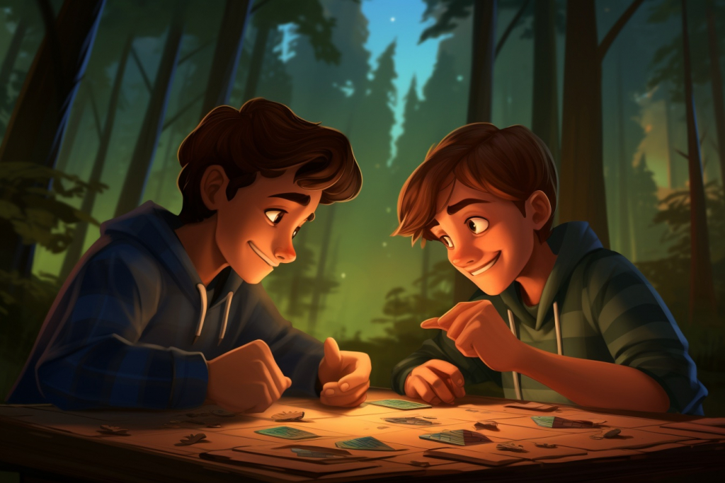 Two cartoon boys playing a board game in a forest during the nigh.