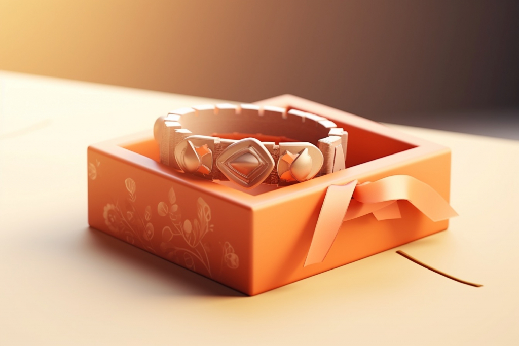 Shiny bracelet in an orange fancy box lying on a table.