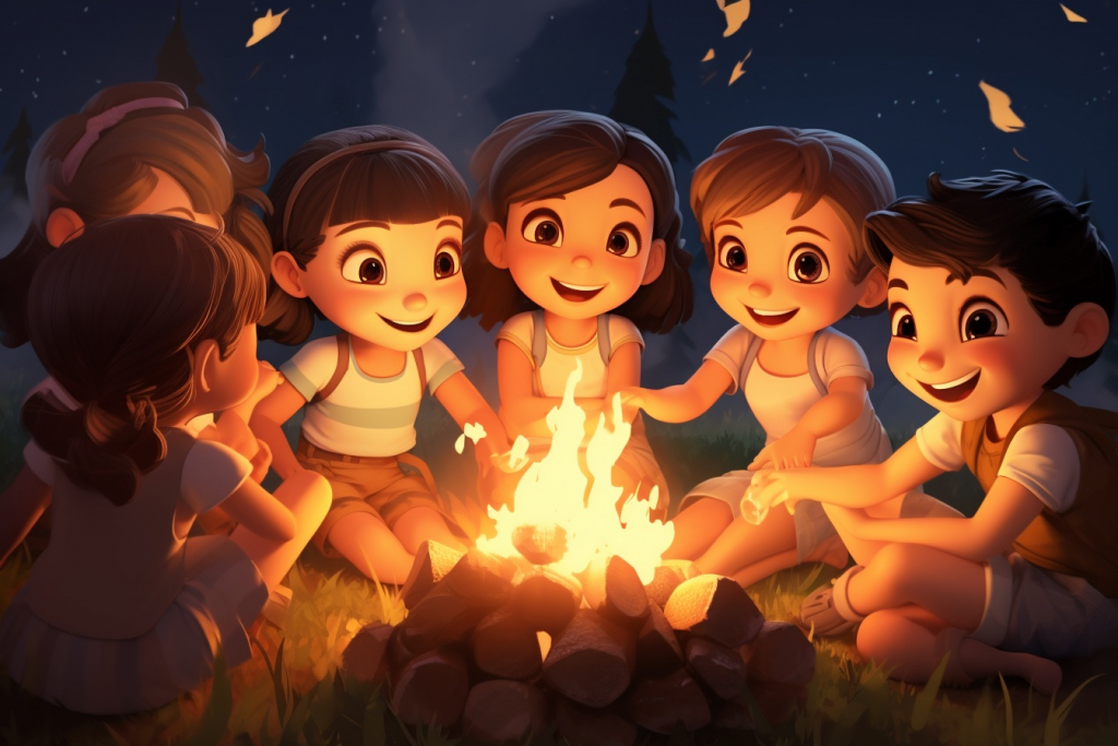 Six happy young kids sitting and talking around a bonfire in a forest.