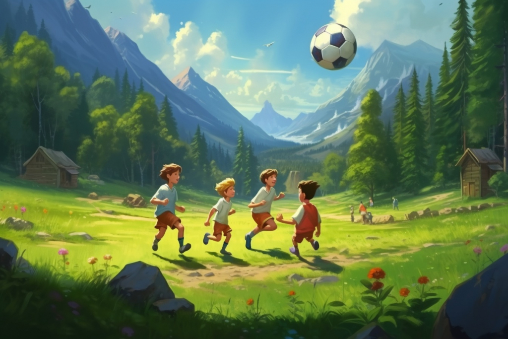 Four young boys playing football in a meadow surrounded by tall hills.