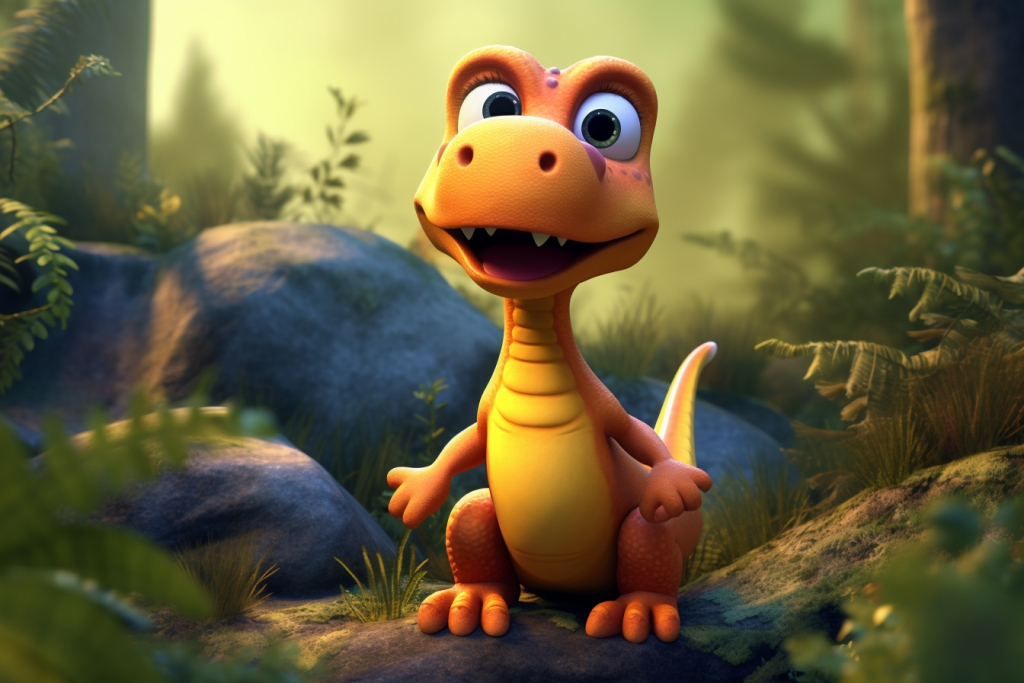 Cartoon orange dinosaur with a confused facial expression, standing in the forest.