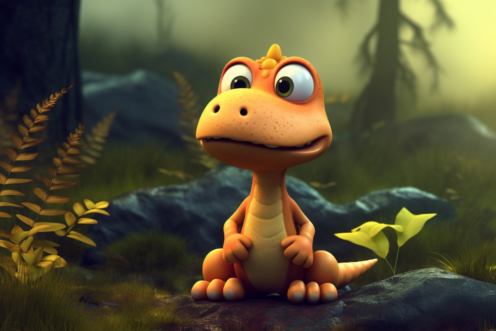 Cartoon orange dinosaur with a confused facial expression, standing in the forest.