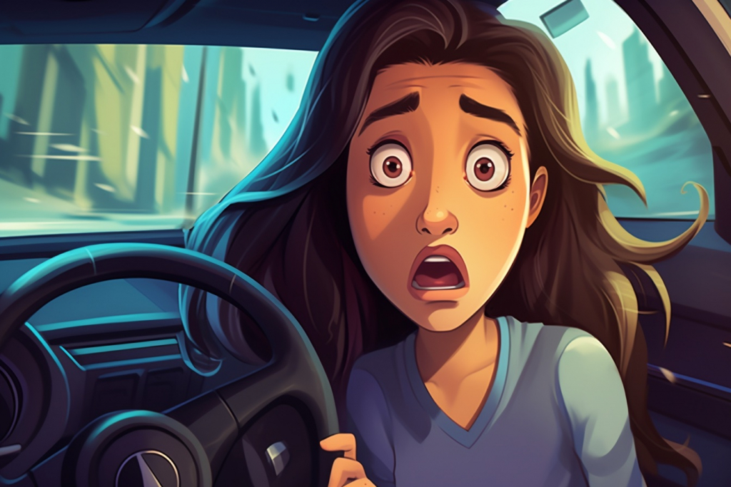 Cartoon woman with a surprised facial expression inside a car at the steering wheel.