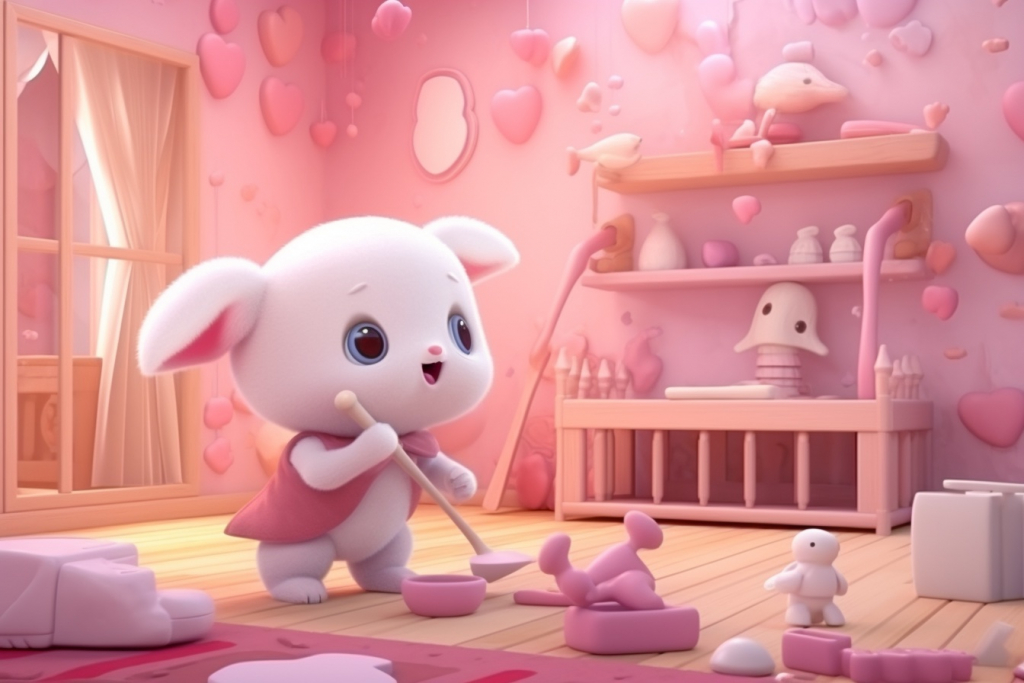Illustrated pink cute monster with large ears tidying up in a pink room.