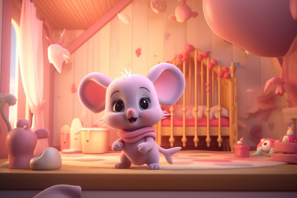 Cartoon pink creature like a mouse with large ears and tail with black eyes in a pink room.
